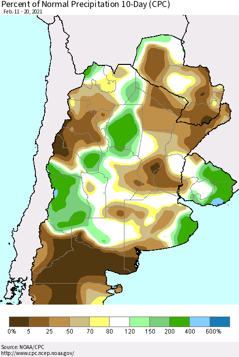 Southern South America Percent of Normal Precipitation 10-Day (CPC) Thematic Map For 2/11/2021 - 2/20/2021
