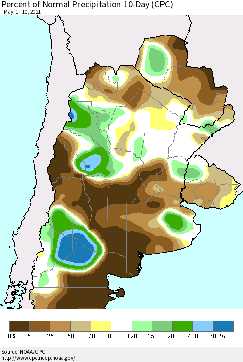 Southern South America Percent of Normal Precipitation 10-Day (CPC) Thematic Map For 5/1/2021 - 5/10/2021