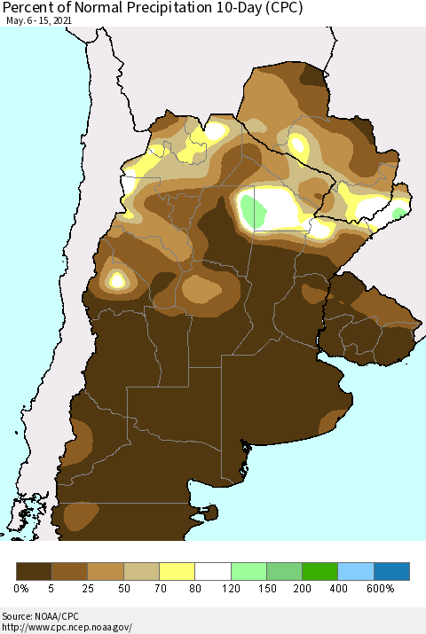 Southern South America Percent of Normal Precipitation 10-Day (CPC) Thematic Map For 5/6/2021 - 5/15/2021