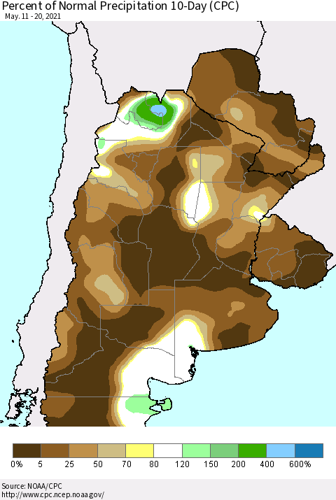 Southern South America Percent of Normal Precipitation 10-Day (CPC) Thematic Map For 5/11/2021 - 5/20/2021