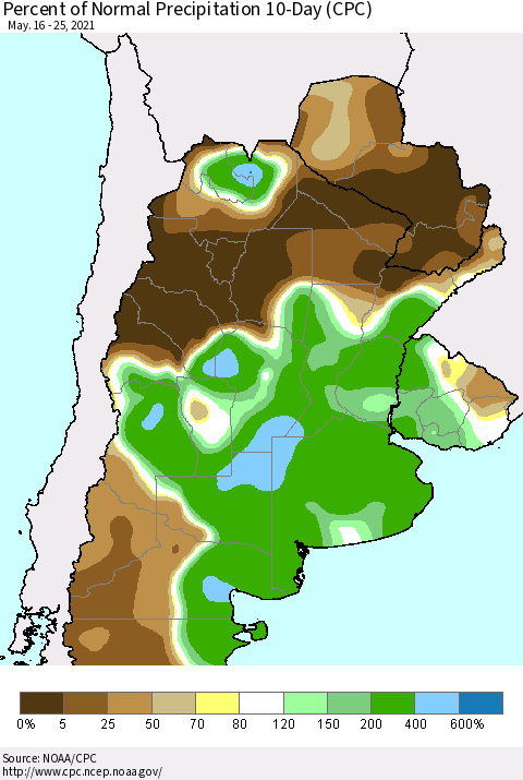 Southern South America Percent of Normal Precipitation 10-Day (CPC) Thematic Map For 5/16/2021 - 5/25/2021
