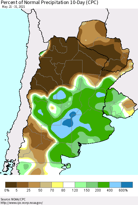 Southern South America Percent of Normal Precipitation 10-Day (CPC) Thematic Map For 5/21/2021 - 5/31/2021