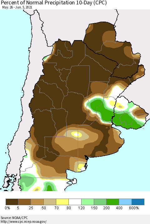 Southern South America Percent of Normal Precipitation 10-Day (CPC) Thematic Map For 5/26/2021 - 6/5/2021
