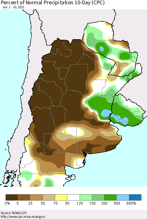 Southern South America Percent of Normal Precipitation 10-Day (CPC) Thematic Map For 6/1/2021 - 6/10/2021