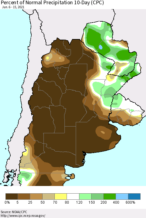 Southern South America Percent of Normal Precipitation 10-Day (CPC) Thematic Map For 6/6/2021 - 6/15/2021