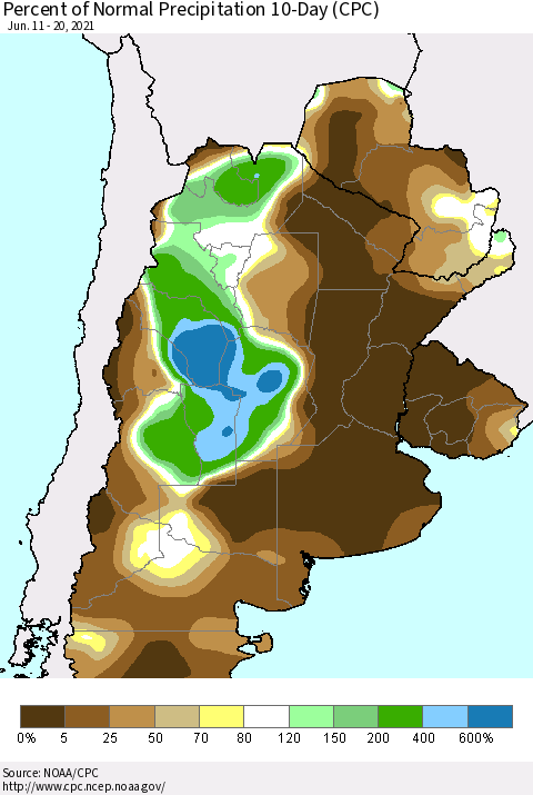 Southern South America Percent of Normal Precipitation 10-Day (CPC) Thematic Map For 6/11/2021 - 6/20/2021