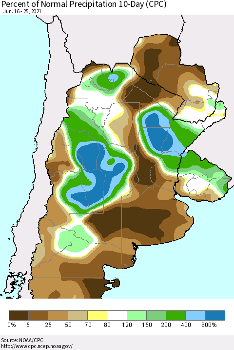 Southern South America Percent of Normal Precipitation 10-Day (CPC) Thematic Map For 6/16/2021 - 6/25/2021