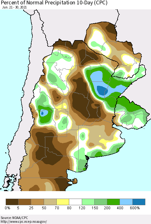 Southern South America Percent of Normal Precipitation 10-Day (CPC) Thematic Map For 6/21/2021 - 6/30/2021