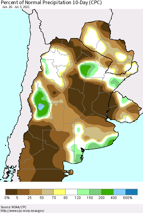 Southern South America Percent of Normal Precipitation 10-Day (CPC) Thematic Map For 6/26/2021 - 7/5/2021