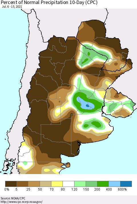 Southern South America Percent of Normal Precipitation 10-Day (CPC) Thematic Map For 7/6/2021 - 7/15/2021