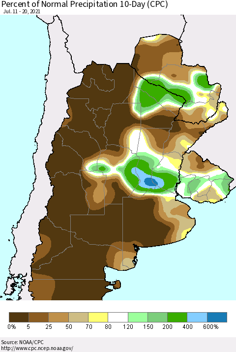 Southern South America Percent of Normal Precipitation 10-Day (CPC) Thematic Map For 7/11/2021 - 7/20/2021