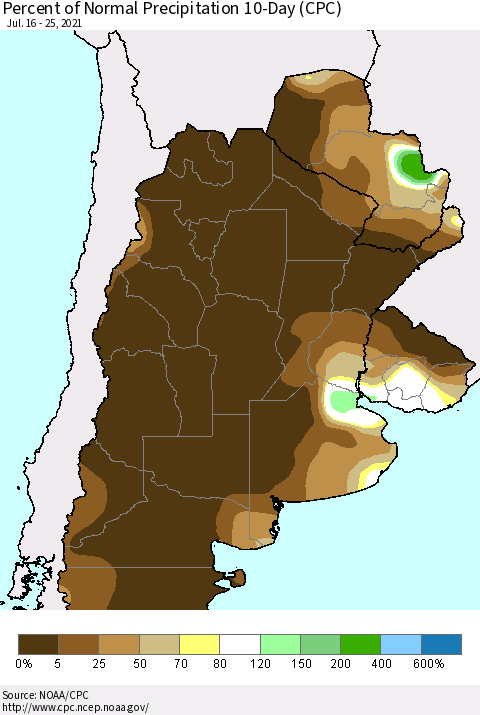 Southern South America Percent of Normal Precipitation 10-Day (CPC) Thematic Map For 7/16/2021 - 7/25/2021
