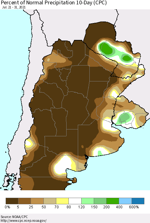 Southern South America Percent of Normal Precipitation 10-Day (CPC) Thematic Map For 7/21/2021 - 7/31/2021