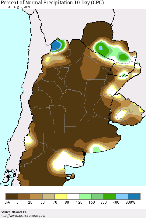 Southern South America Percent of Normal Precipitation 10-Day (CPC) Thematic Map For 7/26/2021 - 8/5/2021