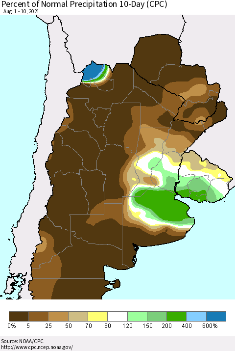 Southern South America Percent of Normal Precipitation 10-Day (CPC) Thematic Map For 8/1/2021 - 8/10/2021