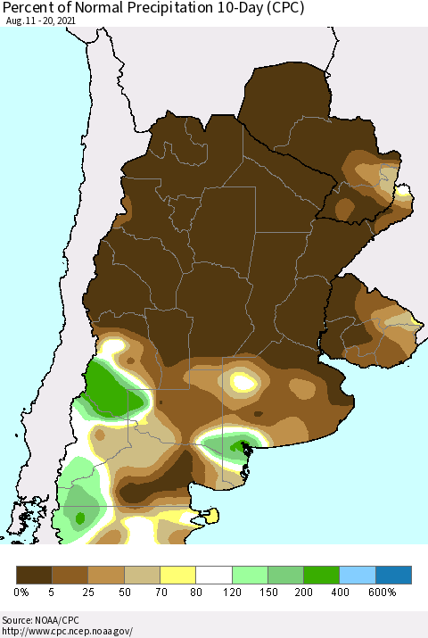 Southern South America Percent of Normal Precipitation 10-Day (CPC) Thematic Map For 8/11/2021 - 8/20/2021