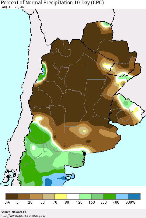 Southern South America Percent of Normal Precipitation 10-Day (CPC) Thematic Map For 8/16/2021 - 8/25/2021