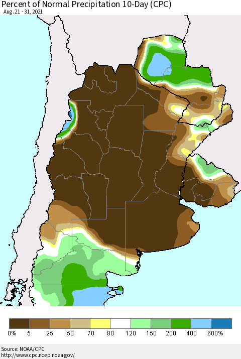 Southern South America Percent of Normal Precipitation 10-Day (CPC) Thematic Map For 8/21/2021 - 8/31/2021