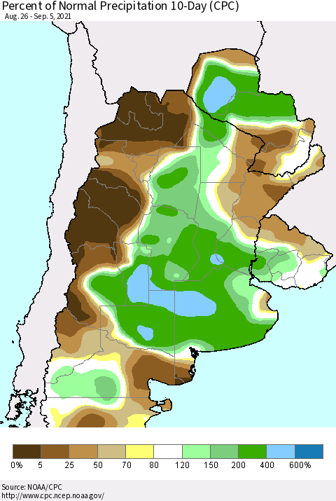 Southern South America Percent of Normal Precipitation 10-Day (CPC) Thematic Map For 8/26/2021 - 9/5/2021