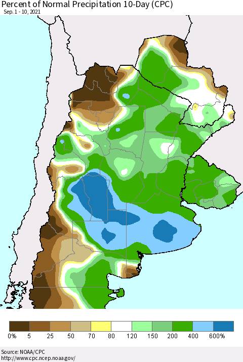 Southern South America Percent of Normal Precipitation 10-Day (CPC) Thematic Map For 9/1/2021 - 9/10/2021