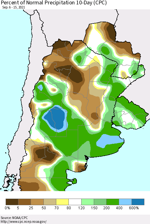 Southern South America Percent of Normal Precipitation 10-Day (CPC) Thematic Map For 9/6/2021 - 9/15/2021
