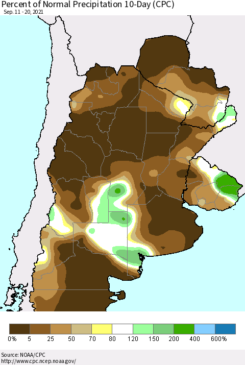 Southern South America Percent of Normal Precipitation 10-Day (CPC) Thematic Map For 9/11/2021 - 9/20/2021