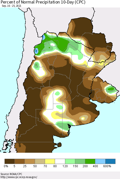 Southern South America Percent of Normal Precipitation 10-Day (CPC) Thematic Map For 9/16/2021 - 9/25/2021