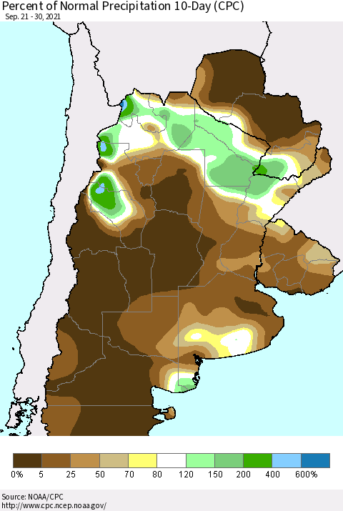 Southern South America Percent of Normal Precipitation 10-Day (CPC) Thematic Map For 9/21/2021 - 9/30/2021