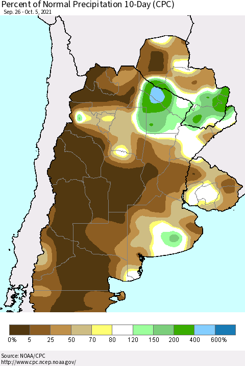 Southern South America Percent of Normal Precipitation 10-Day (CPC) Thematic Map For 9/26/2021 - 10/5/2021