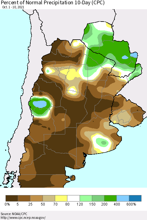 Southern South America Percent of Normal Precipitation 10-Day (CPC) Thematic Map For 10/1/2021 - 10/10/2021