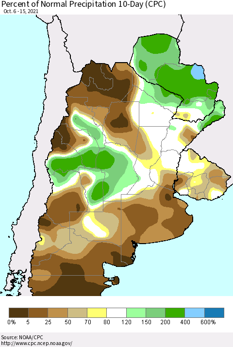 Southern South America Percent of Normal Precipitation 10-Day (CPC) Thematic Map For 10/6/2021 - 10/15/2021