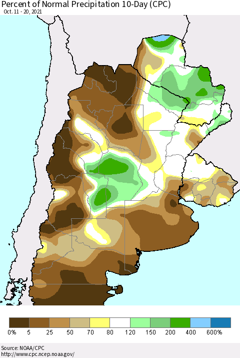 Southern South America Percent of Normal Precipitation 10-Day (CPC) Thematic Map For 10/11/2021 - 10/20/2021