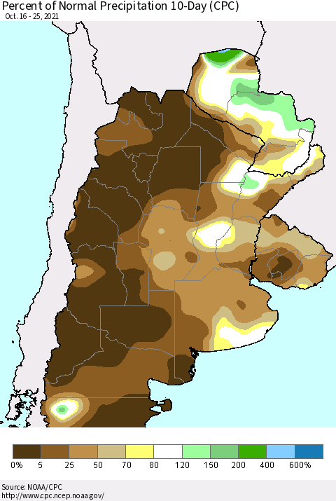Southern South America Percent of Normal Precipitation 10-Day (CPC) Thematic Map For 10/16/2021 - 10/25/2021
