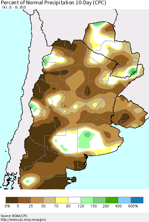Southern South America Percent of Normal Precipitation 10-Day (CPC) Thematic Map For 10/21/2021 - 10/31/2021