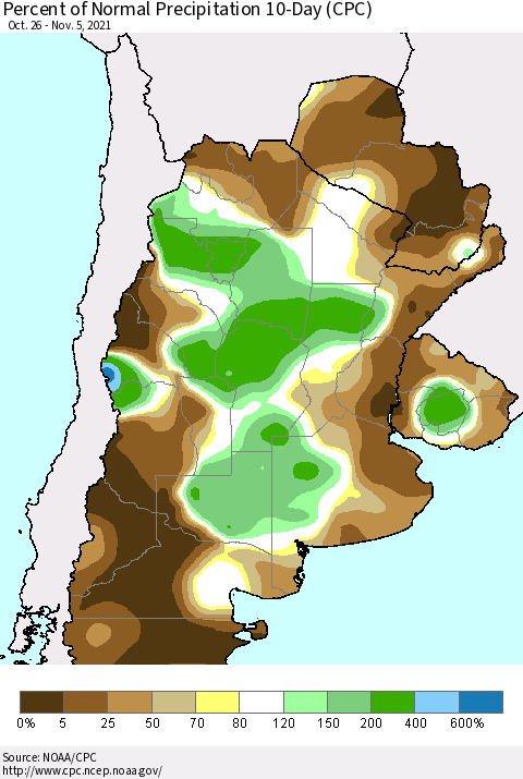 Southern South America Percent of Normal Precipitation 10-Day (CPC) Thematic Map For 10/26/2021 - 11/5/2021