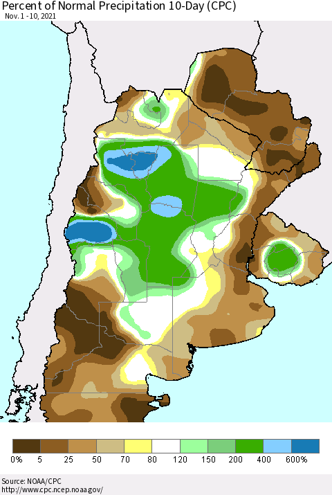 Southern South America Percent of Normal Precipitation 10-Day (CPC) Thematic Map For 11/1/2021 - 11/10/2021