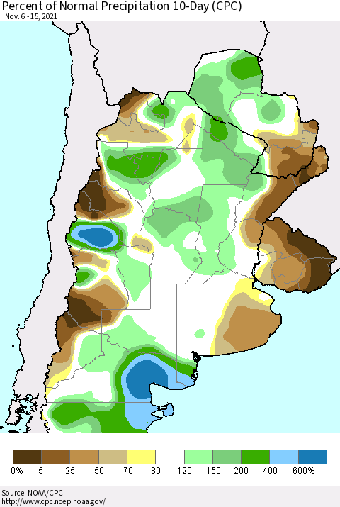 Southern South America Percent of Normal Precipitation 10-Day (CPC) Thematic Map For 11/6/2021 - 11/15/2021