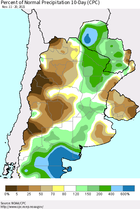 Southern South America Percent of Normal Precipitation 10-Day (CPC) Thematic Map For 11/11/2021 - 11/20/2021