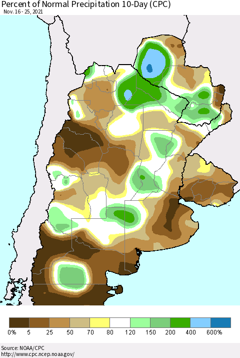 Southern South America Percent of Normal Precipitation 10-Day (CPC) Thematic Map For 11/16/2021 - 11/25/2021