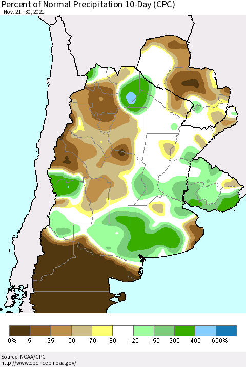 Southern South America Percent of Normal Precipitation 10-Day (CPC) Thematic Map For 11/21/2021 - 11/30/2021