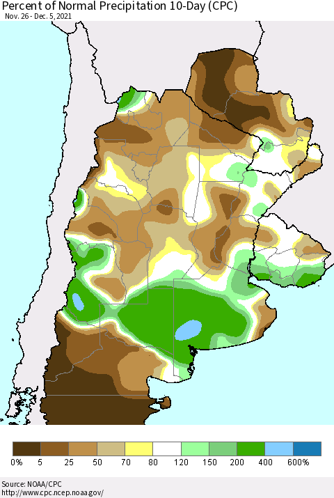 Southern South America Percent of Normal Precipitation 10-Day (CPC) Thematic Map For 11/26/2021 - 12/5/2021
