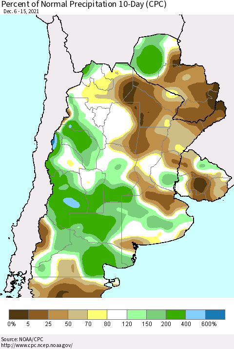 Southern South America Percent of Normal Precipitation 10-Day (CPC) Thematic Map For 12/6/2021 - 12/15/2021