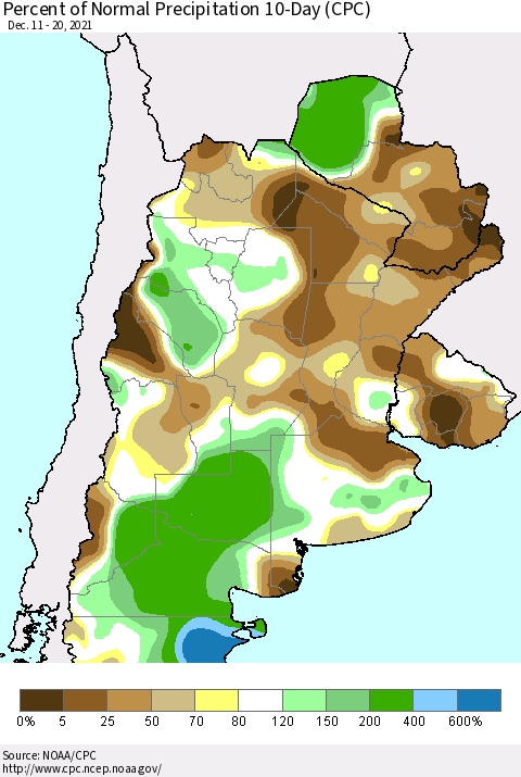 Southern South America Percent of Normal Precipitation 10-Day (CPC) Thematic Map For 12/11/2021 - 12/20/2021