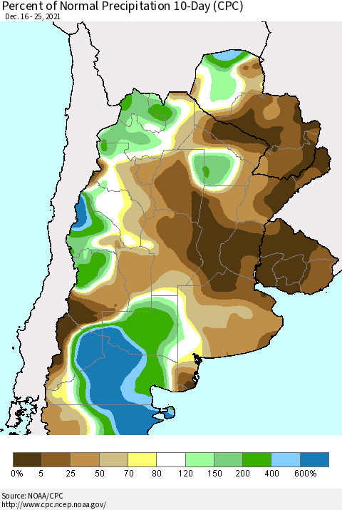 Southern South America Percent of Normal Precipitation 10-Day (CPC) Thematic Map For 12/16/2021 - 12/25/2021