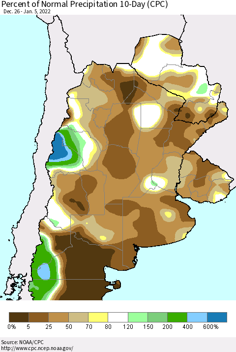 Southern South America Percent of Normal Precipitation 10-Day (CPC) Thematic Map For 12/26/2021 - 1/5/2022