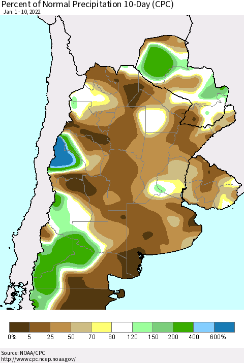 Southern South America Percent of Normal Precipitation 10-Day (CPC) Thematic Map For 1/1/2022 - 1/10/2022