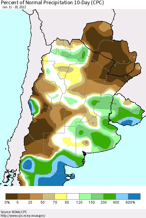 Southern South America Percent of Normal Precipitation 10-Day (CPC) Thematic Map For 1/11/2022 - 1/20/2022