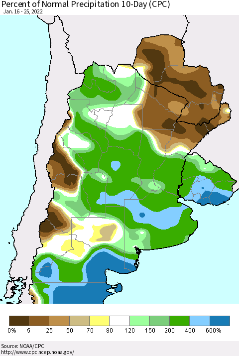 Southern South America Percent of Normal Precipitation 10-Day (CPC) Thematic Map For 1/16/2022 - 1/25/2022