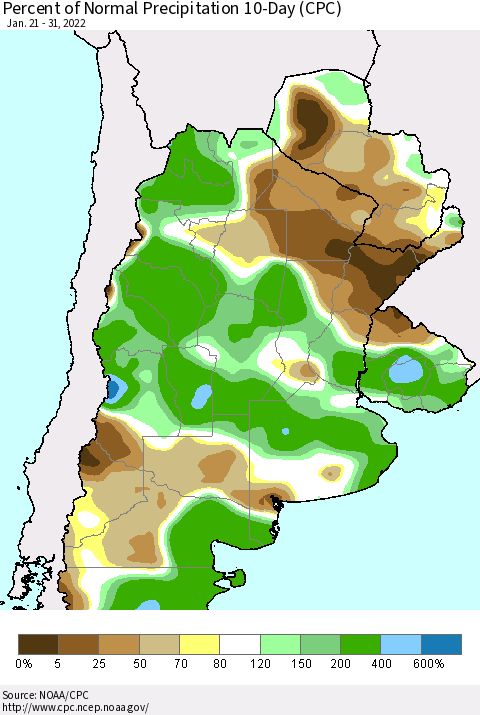 Southern South America Percent of Normal Precipitation 10-Day (CPC) Thematic Map For 1/21/2022 - 1/31/2022