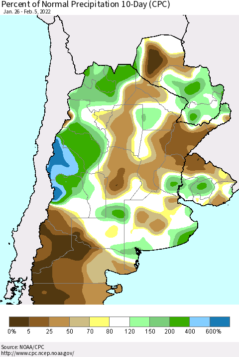 Southern South America Percent of Normal Precipitation 10-Day (CPC) Thematic Map For 1/26/2022 - 2/5/2022